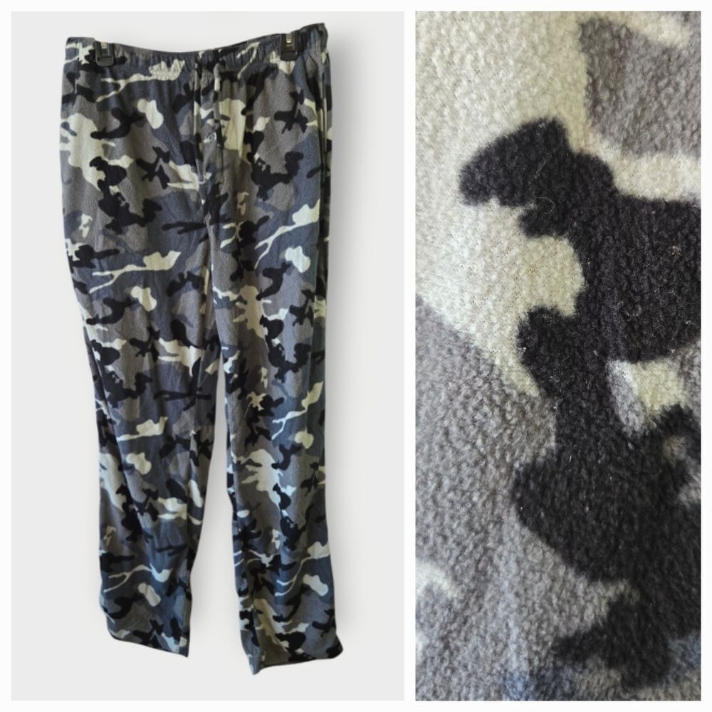 Hanes Men’s Fleece Sleep Pants Gray Camo Pajama Bottoms Large Lounge Pocket PJs